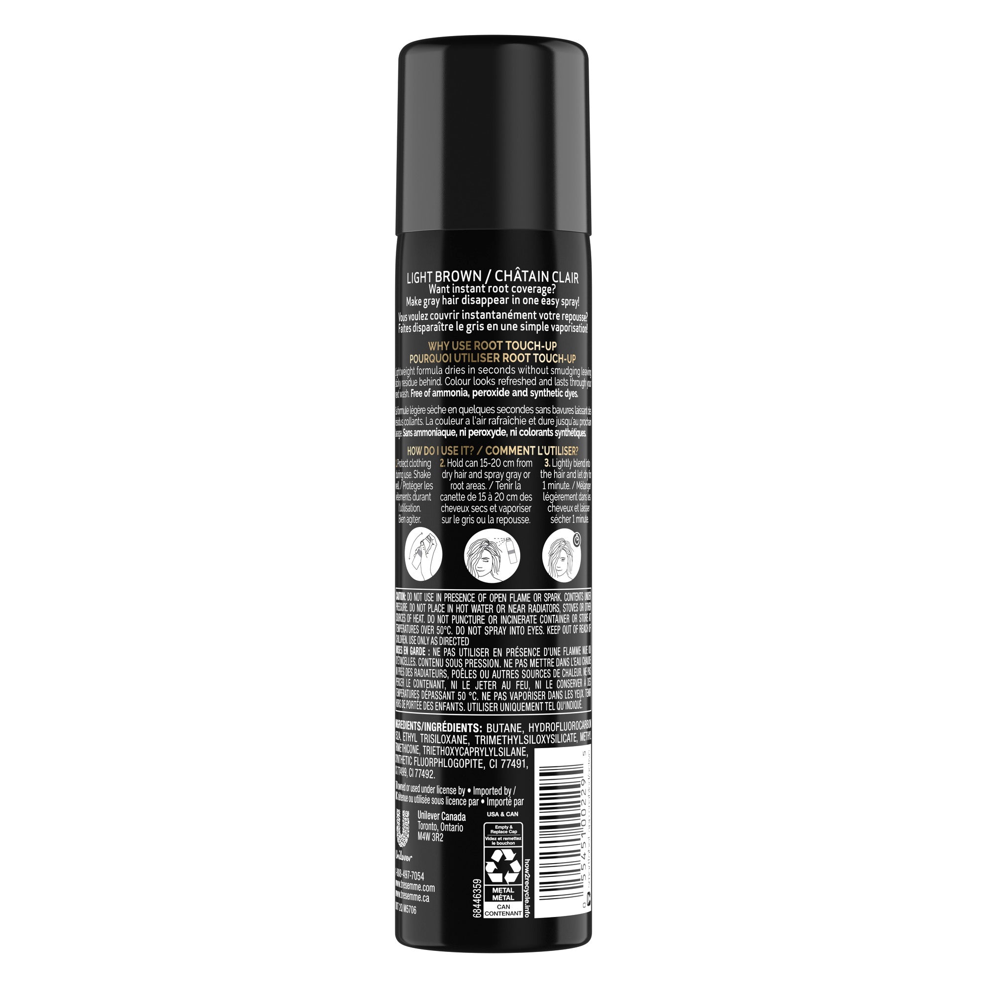 An image showing the frontside view of the TRESemmé® Root Touch-Up Spray 70.8g, Light Brown product packaging.