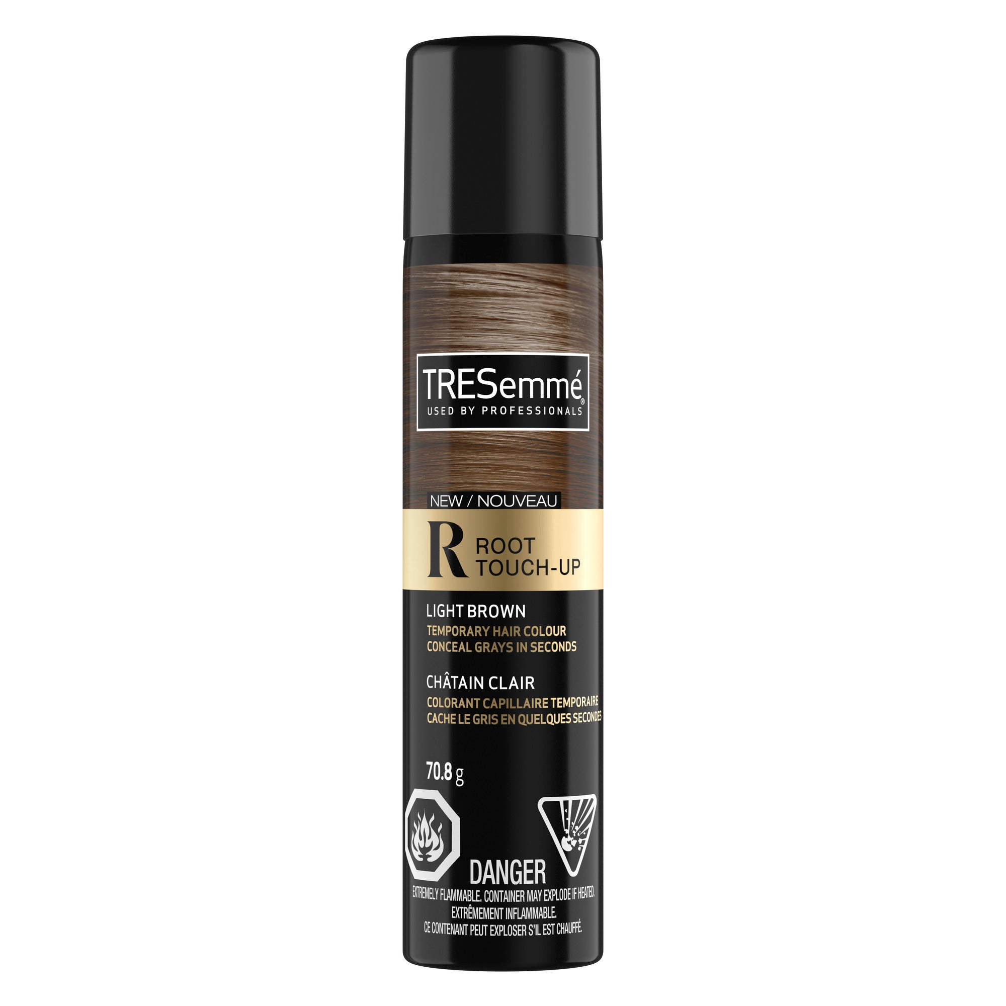 An image showing the frontside view of the TRESemmé® Root Touch-Up Spray 70.8g, Light Brown product packaging.