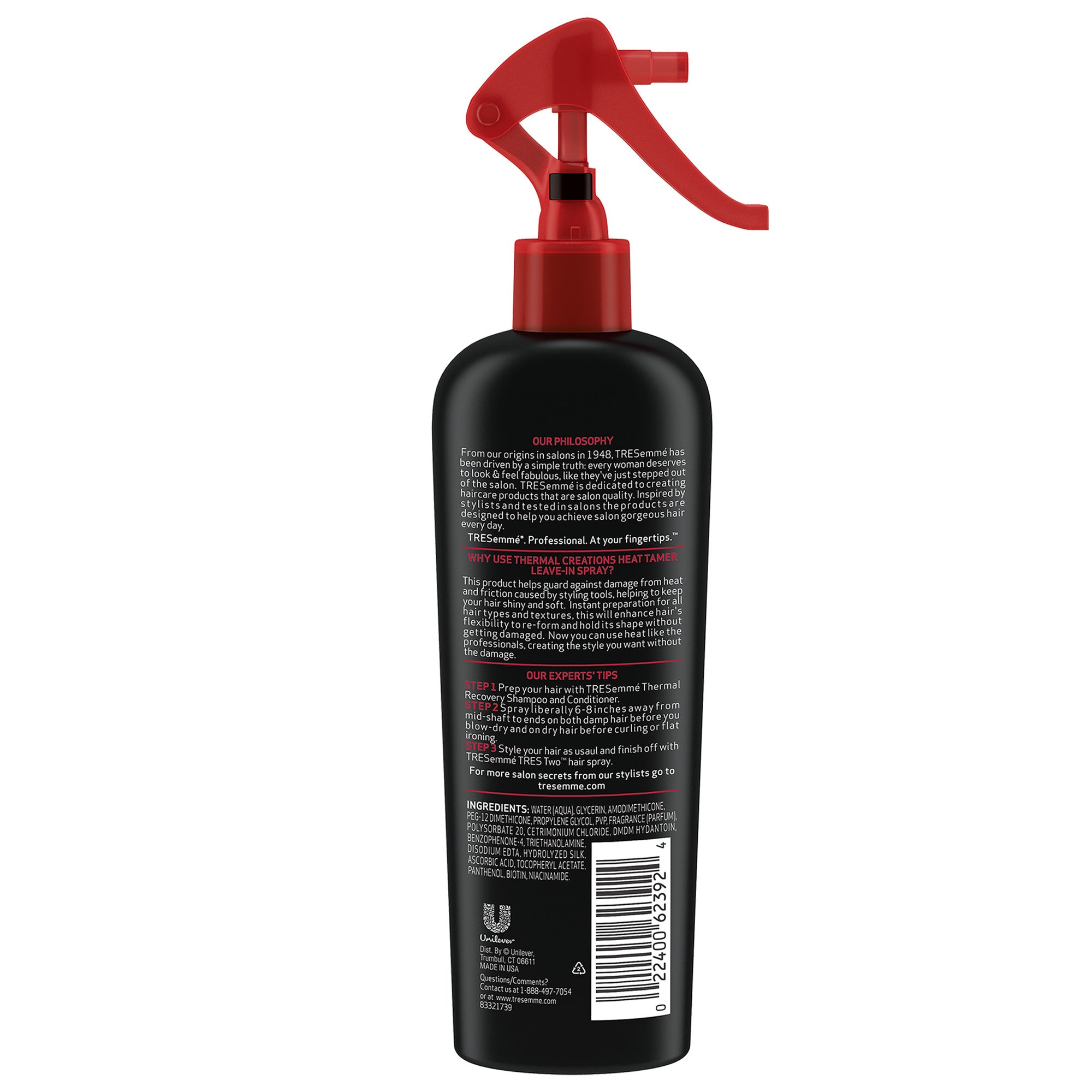 An image showing the frontside view of the TRESemmé Thermal Creations Heat Tamer Spray 236mL product packaging.