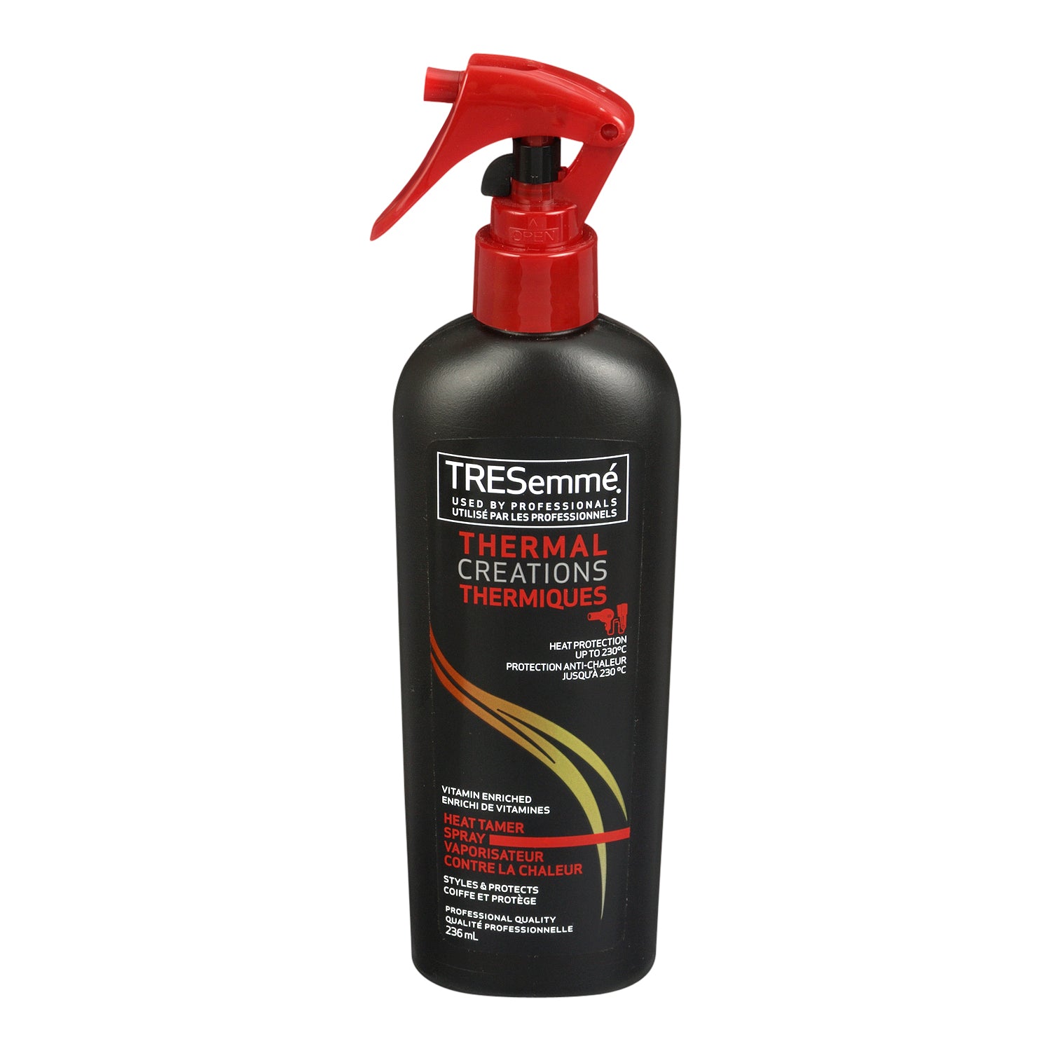 An image showing the frontside view of the TRESemmé Thermal Creations Heat Tamer Spray 236mL product packaging.