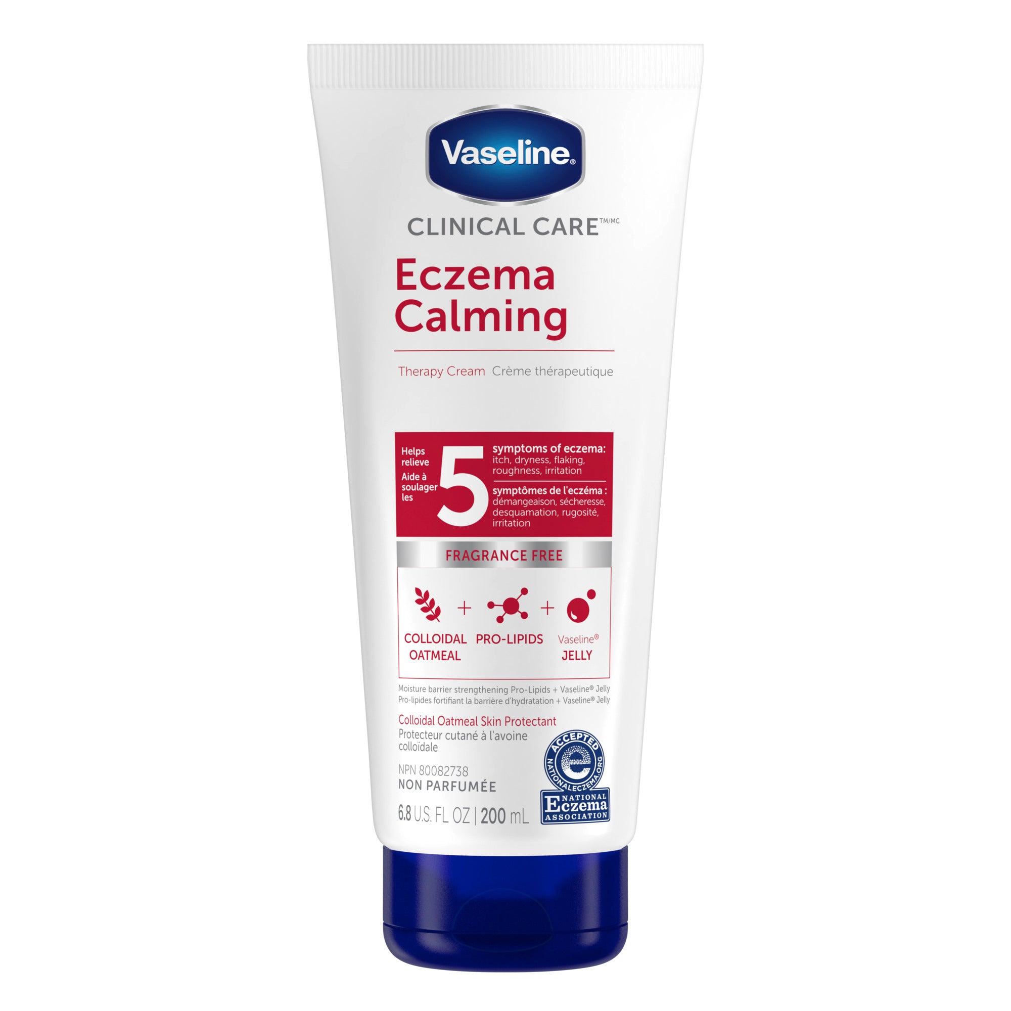 An image showing the frontside view of the Vaseline Clinical Care Eczema Calming Therapy Cream 200mL product packaging.