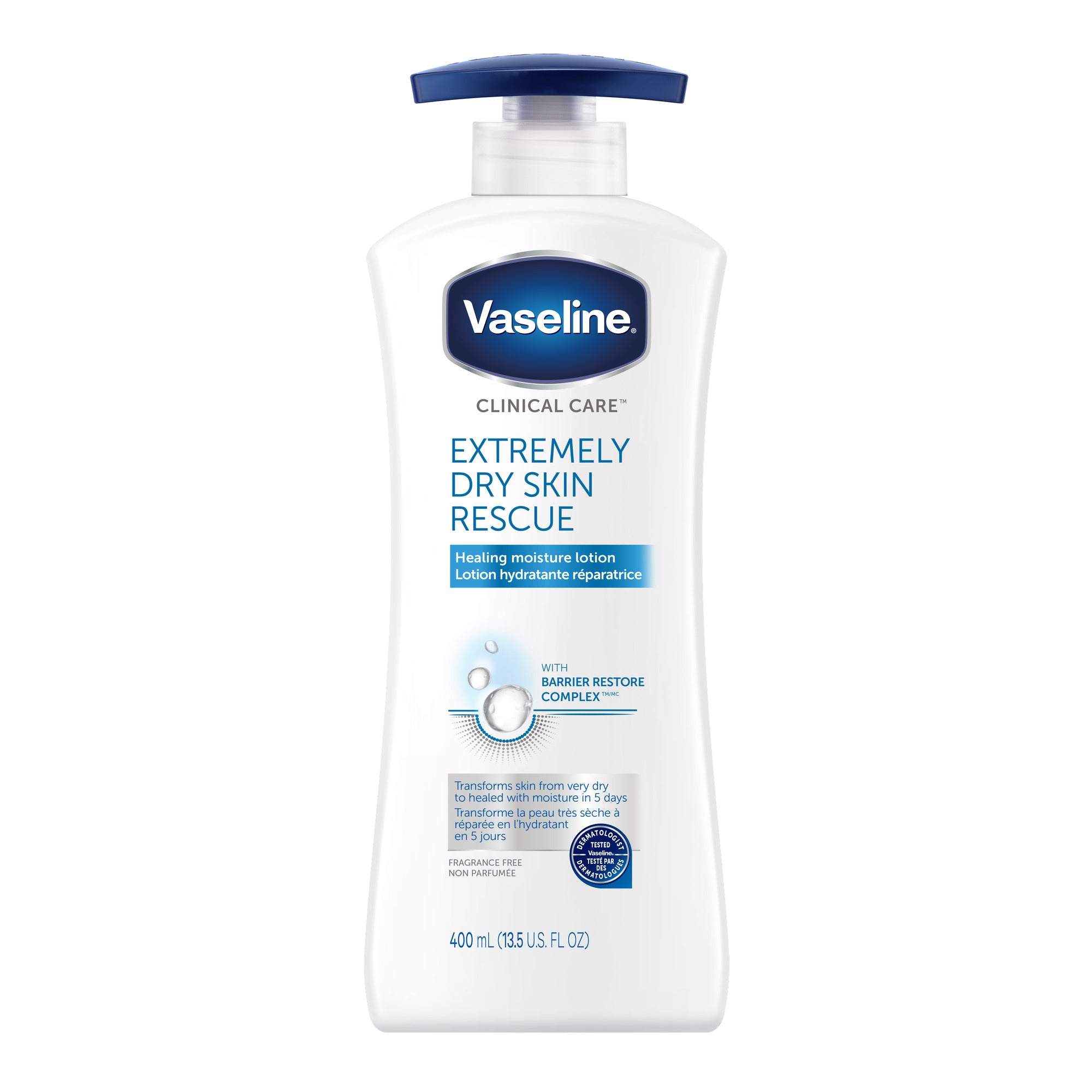 An image showing the frontside view of the Vaseline Clinical Care Extremely Dry Skin Rescue Lotion 400mL product packaging.