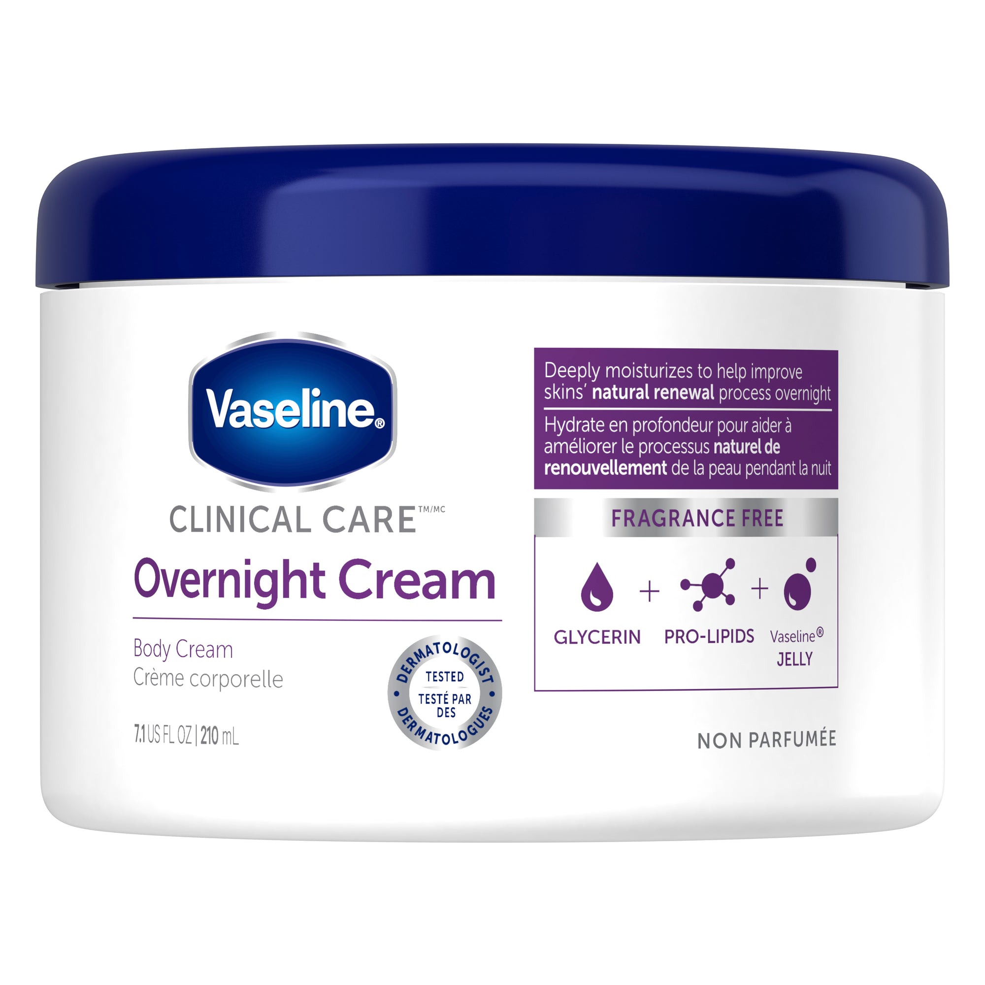 An image showing the frontside view of the Vaseline Clinical Care Extremely Dry Skin Rescue Overnight Cream 201g product packaging.