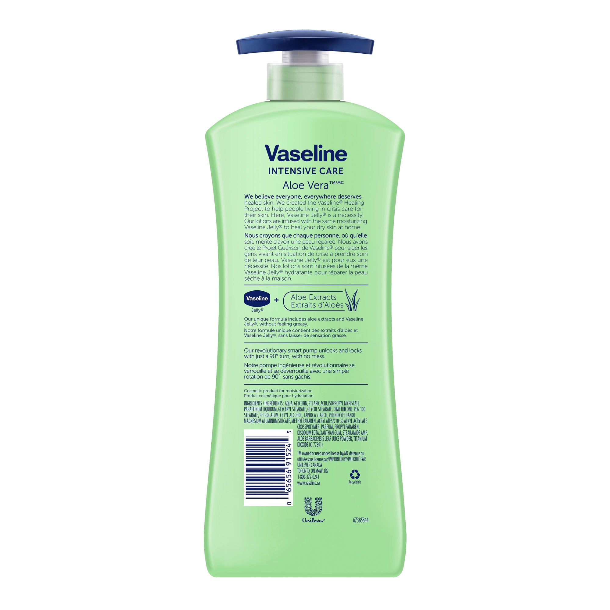 An image showing the frontside view of the Vaseline Aloe Vera Lotion 600mL product packaging.