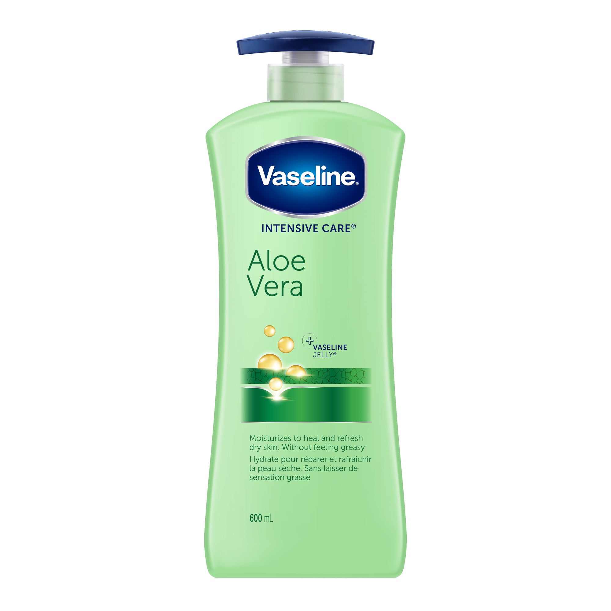 An image showing the frontside view of the Vaseline Aloe Vera Lotion 600mL product packaging.