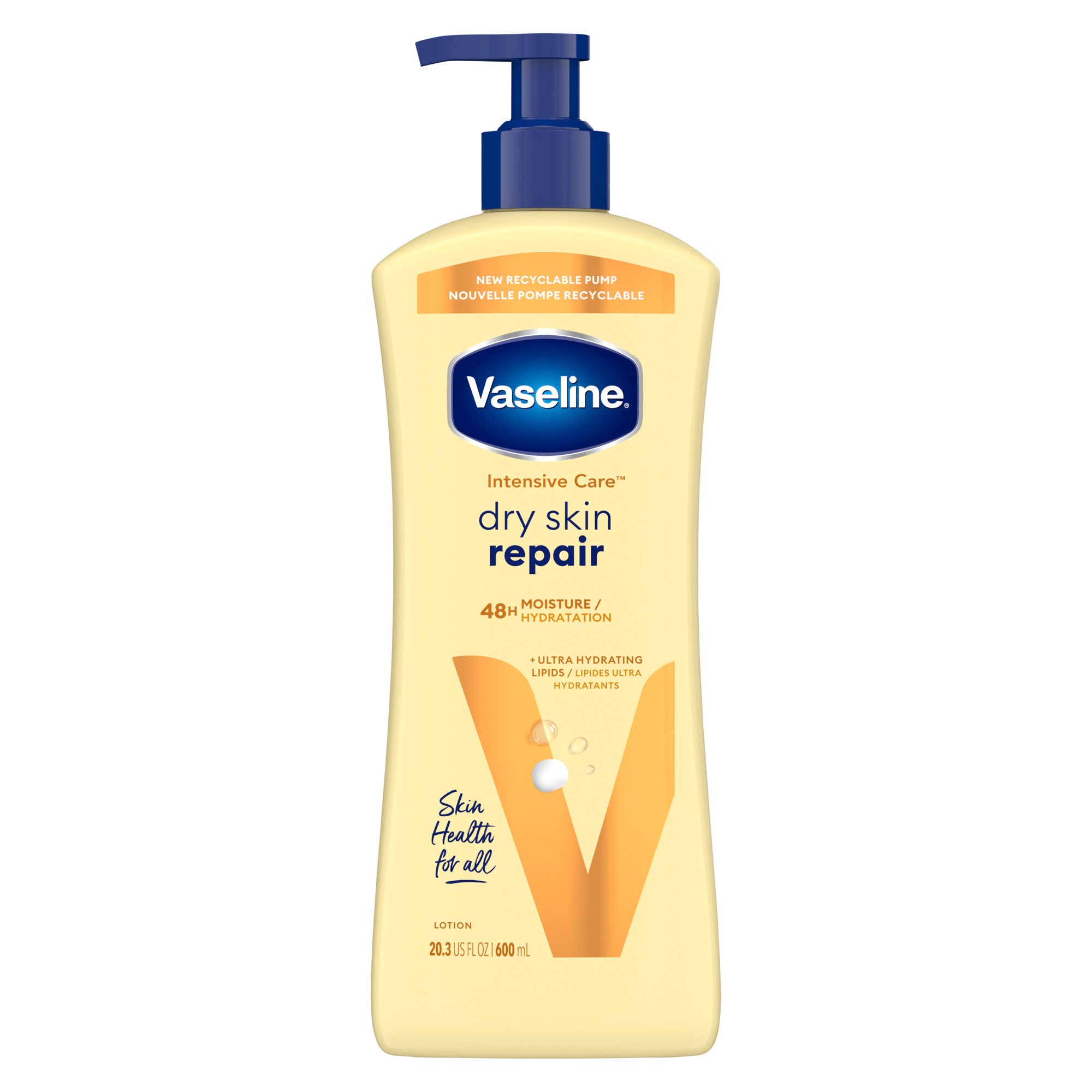 An image showing the frontside view of the Vaseline Dry Skin Repair Lotion 600mL product packaging.