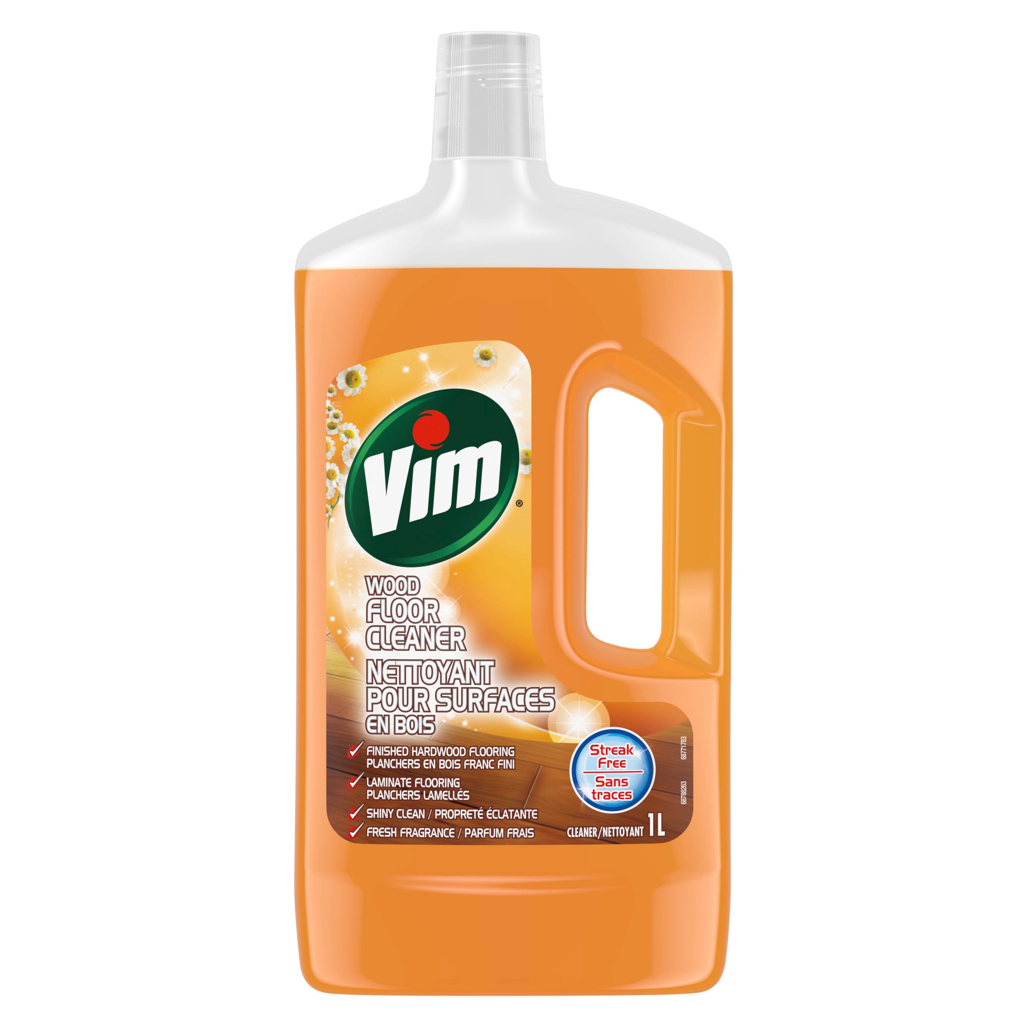 Showing the front angle view of the orange Vim Wood Floor Cleaner 1L product packaging.