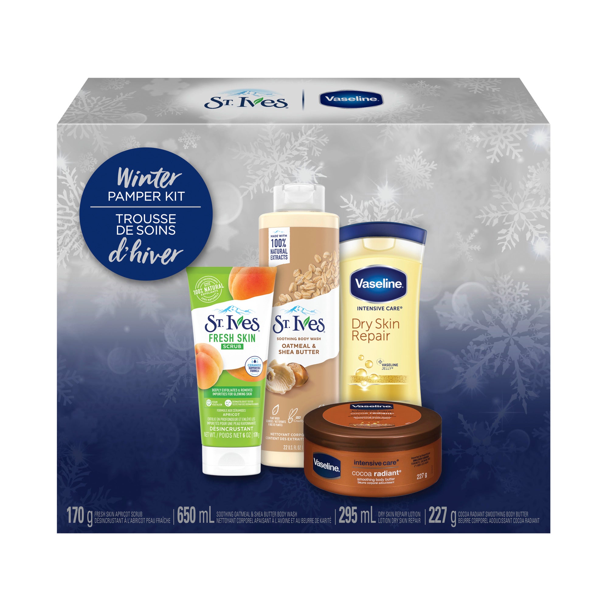 Showing the front angle view of the Vaseline & St. Ives Skincare Gift Set Winter Pamper Kit box.