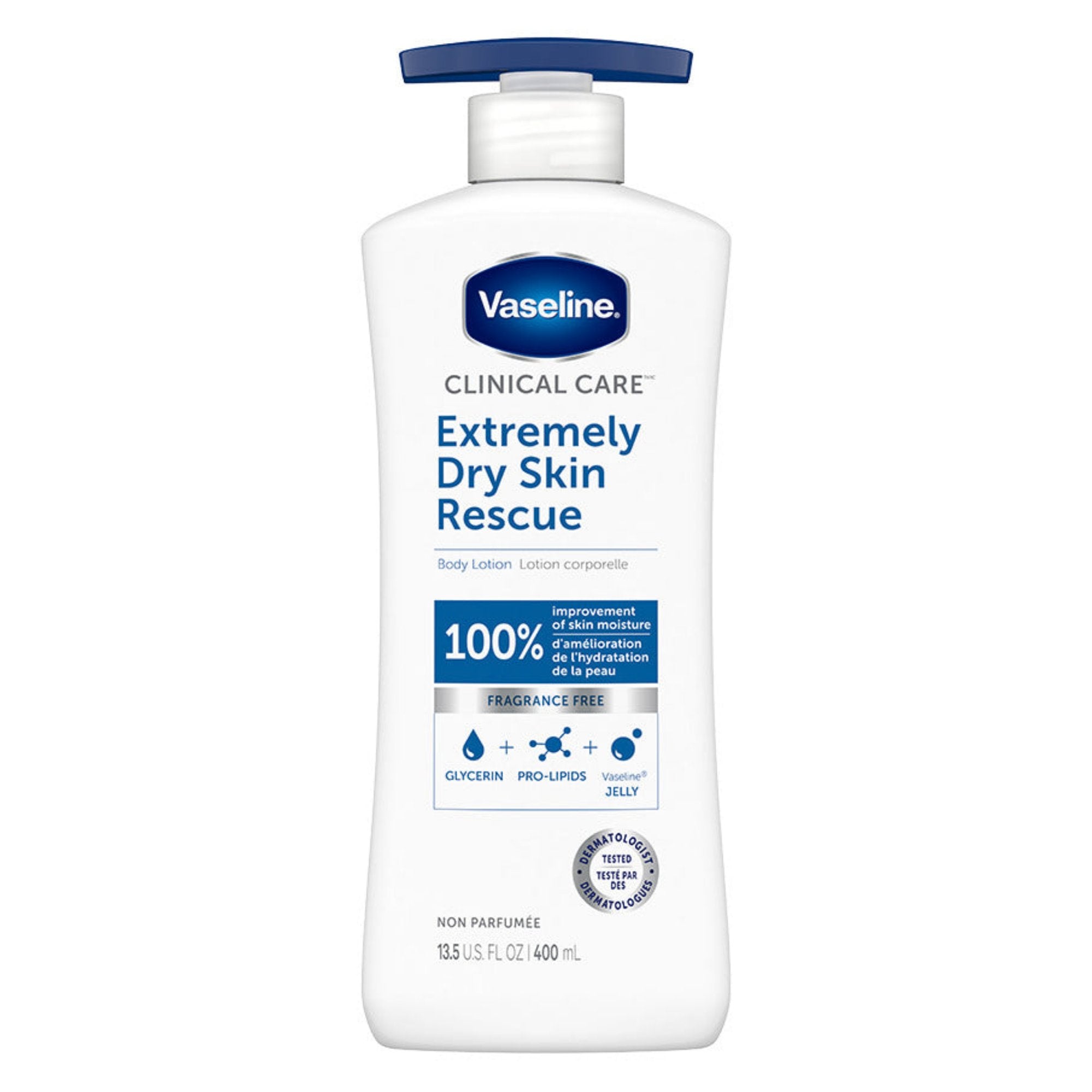 An image showing the frontside view of the Vaseline Clinical Care Extremely Dry Skin Rescue Lotion 400mL product packaging.