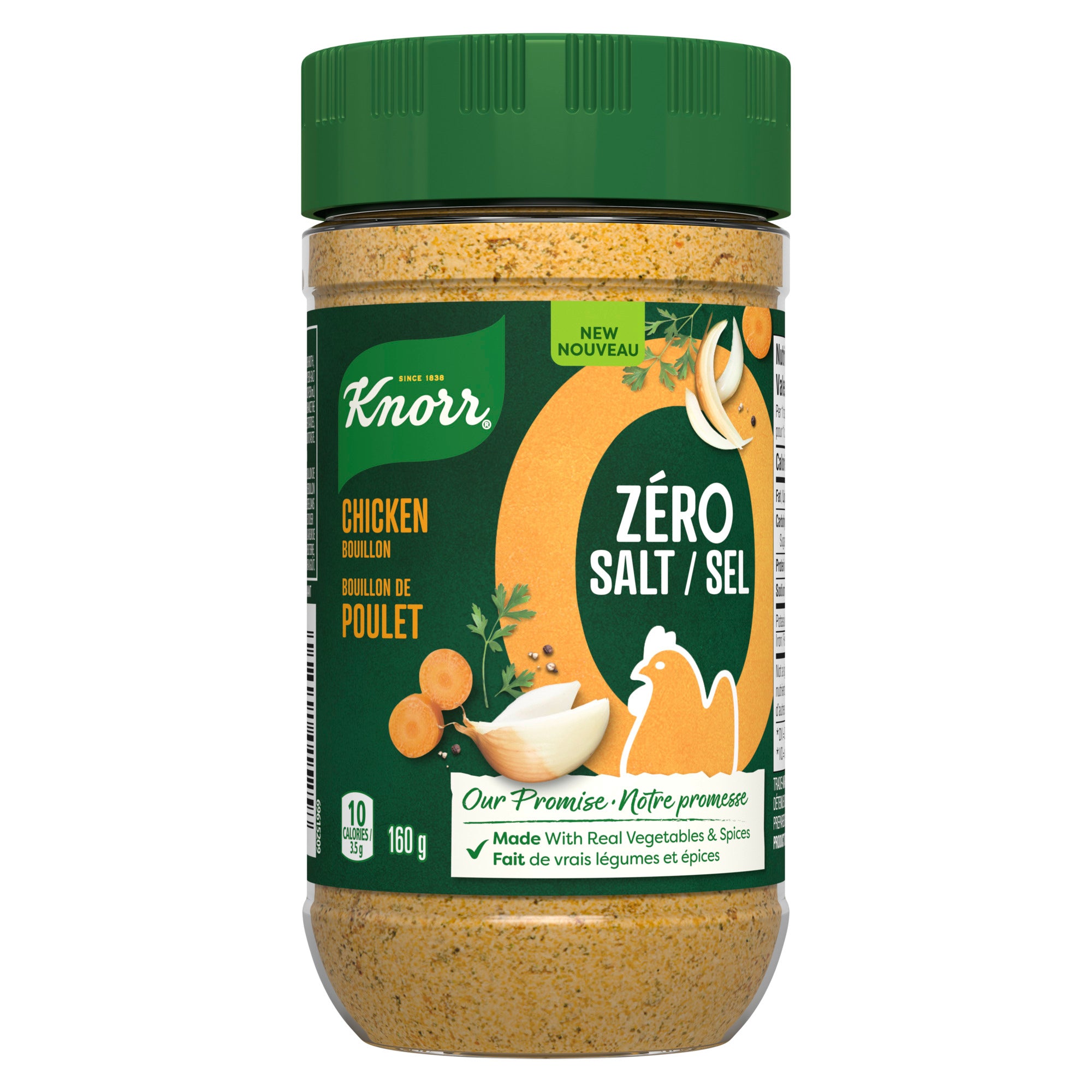 Showing the frontside view of the Knorr Zero Salt Chicken Bouillon Powder 160g product.