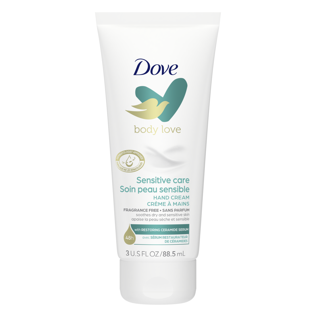 Dove Body Love crème hydratante pour les mains sans parfum pour peaux sèches et sensibles soins sensibles 88,5 ml
