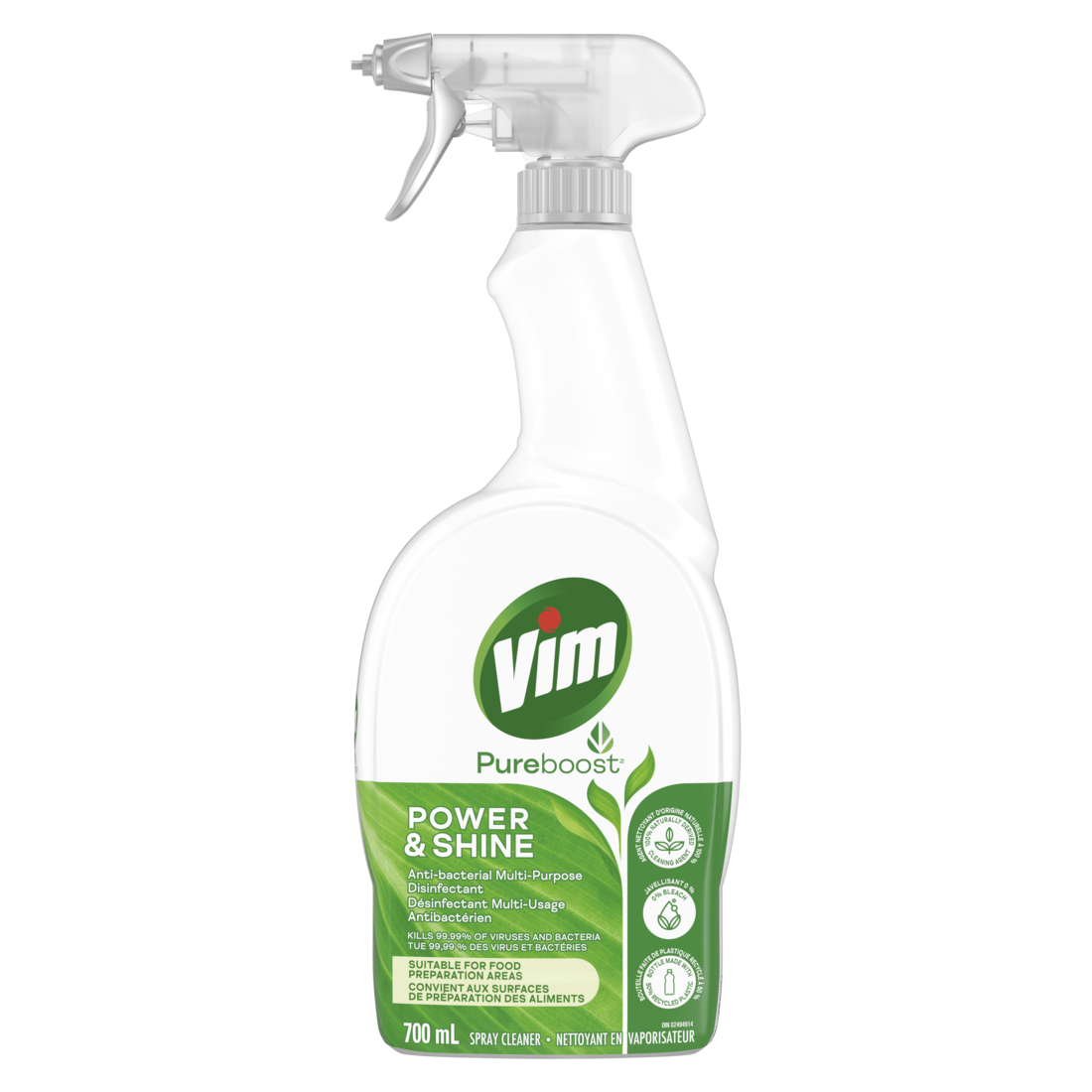 Vim PureBoost™ Spray multi-usages Agent nettoyant 100 % d'origine naturelle Power &amp; Shine Désinfectant antibactérien tue 99,99 % des virus et bactéries 700 ml