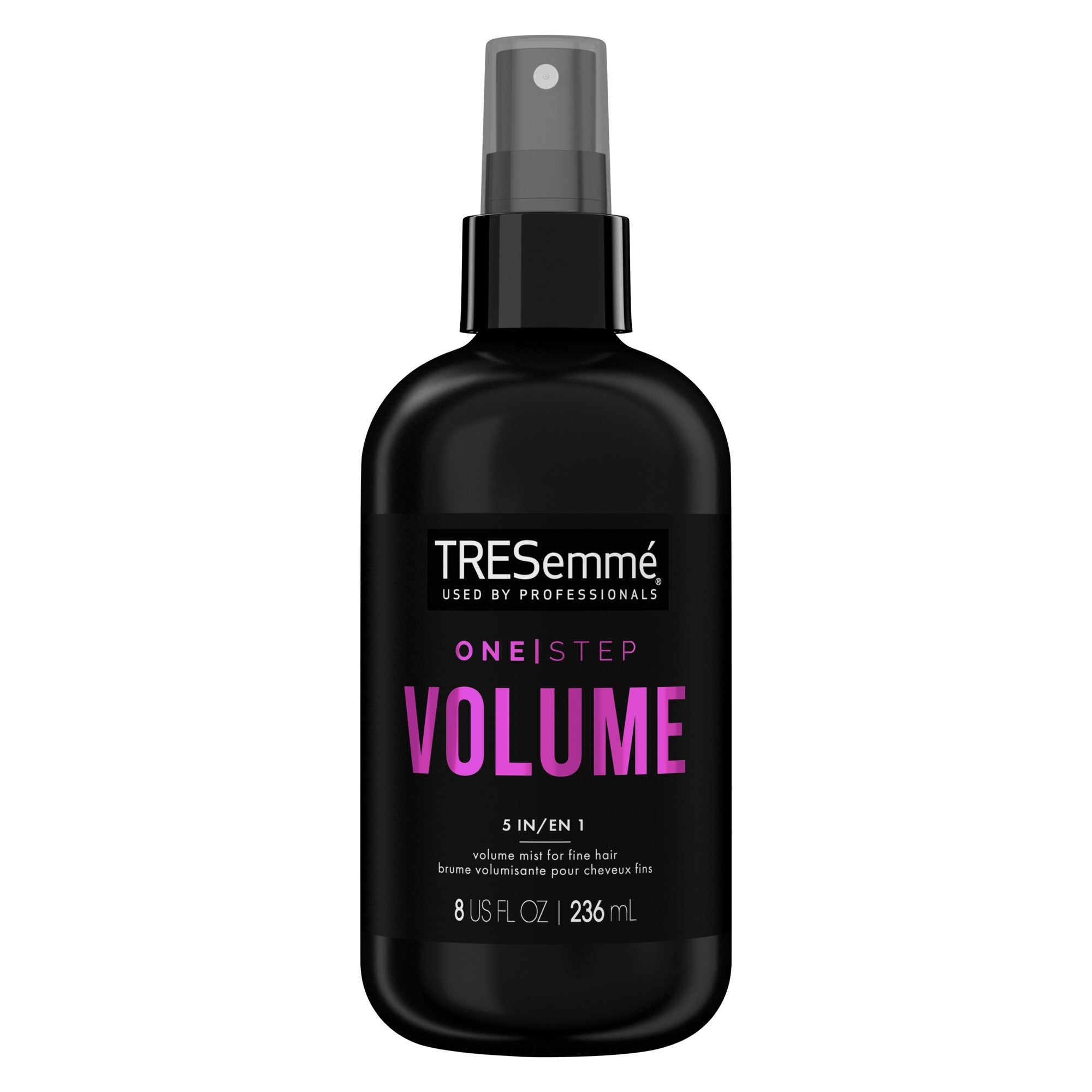 Showing the front angle view of the TRESemmé® ONE STEP Mist 5IN1 VOL 236mL product packaging.