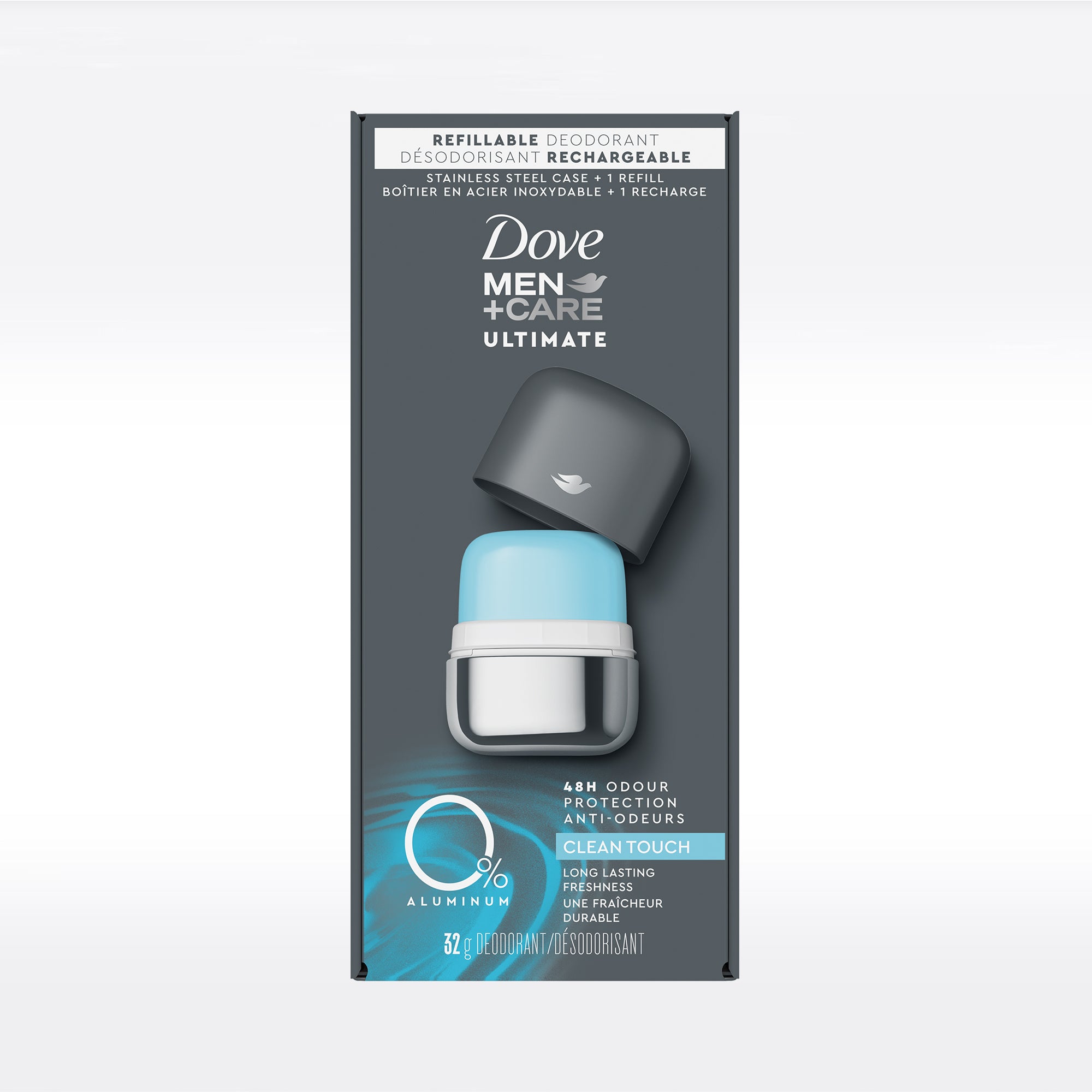 Showing the front angle view of the Dove Men+Care Clean Touch Starter Kit 32g product.