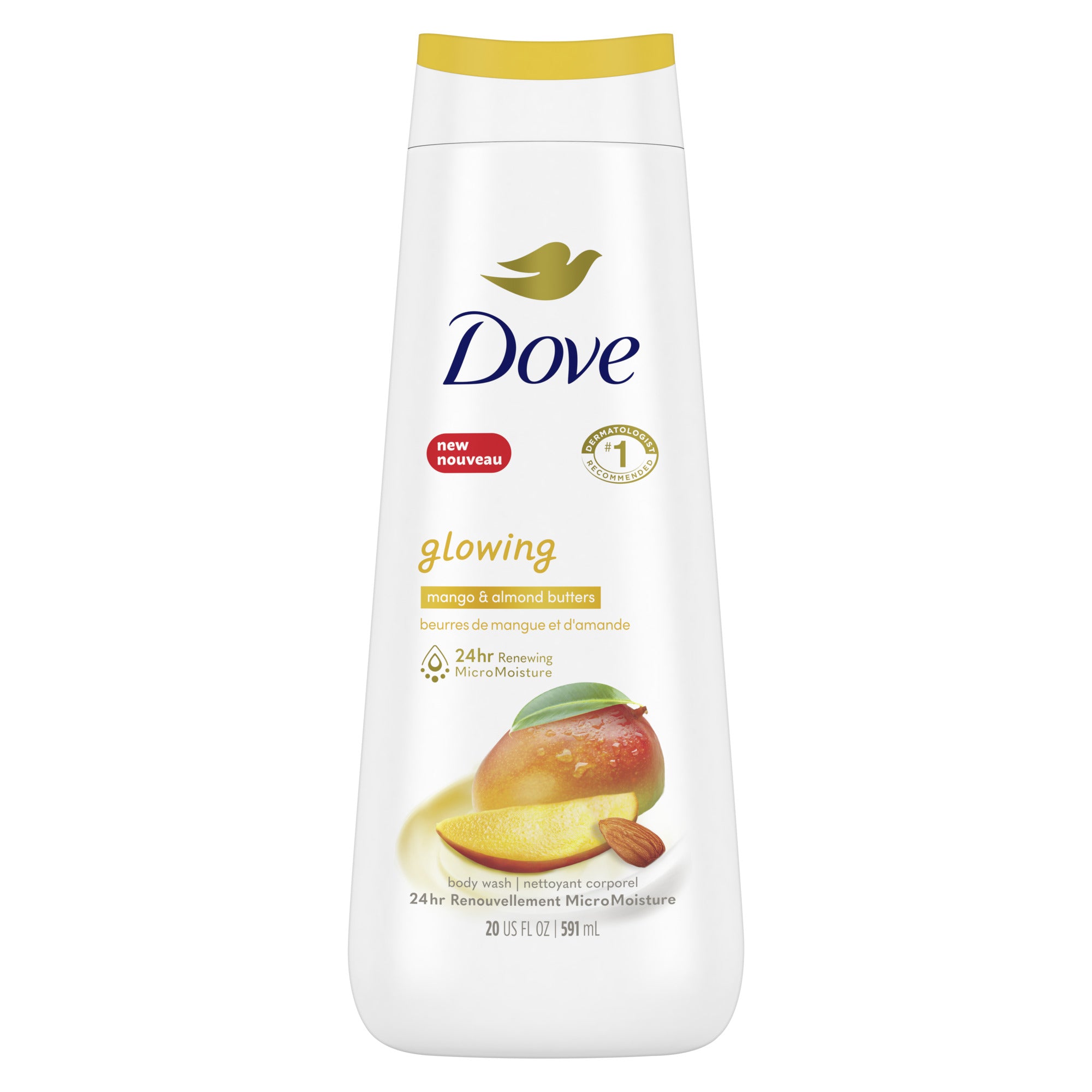 Front view of the  591ml Dove Glowing Body Wash with microbiome Nutrient Serum Mango & Almond Butter Skin Nourishing Body Cleanser.
