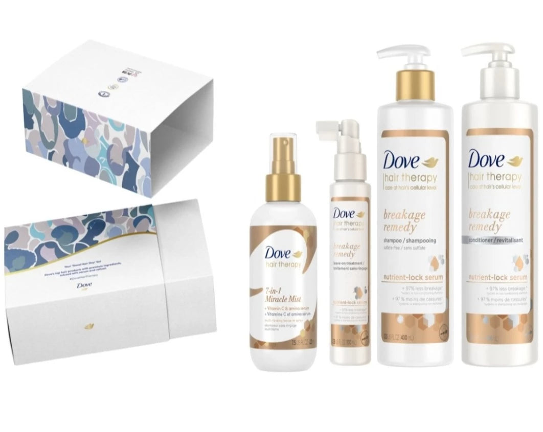 Front display of the Dove Hair Therapy: Breakage Remedy products available in the bundle.