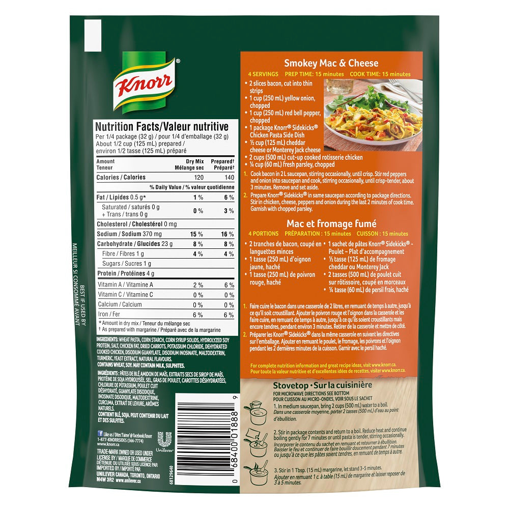 An image showing the frontside view of the Knorr Sidekicks Chicken Pasta product packaging.